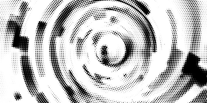 Black radial halftone circles. Dotted sound wave rings. Stippled epicenter, target, radar icon concept. Ripple concentric signal vibration element. Vector round dashed and dotted