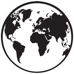Obraz premium Simple flat world globe icon showing continents as a black silhouette with geography, continents
