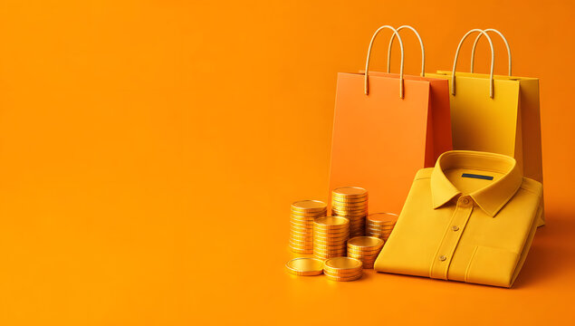 Set of Shopping Bags and gold coins Isolated on Background for Retail Sale Packaging Gift Merchandise and Commercial Design