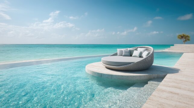 Luxury resort swimming pool with a single floating circular daybed, crystal clear turquoise water, elegant limestone deck, soft tropical light