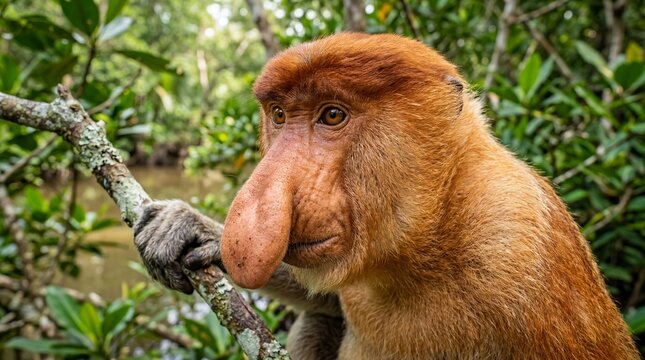 Primate anthropology structure capturing the unique pendulous nose and reddish orange fur of a rare proboscis monkey nasalis larvatus