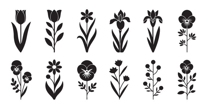Collection of slender black flower silhouettes including tulips and pansies for elegant pattern designing.