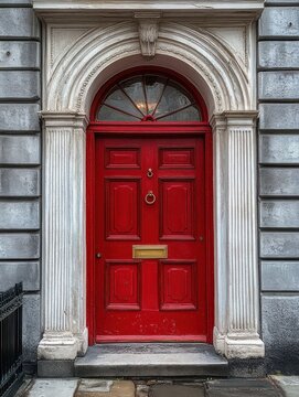 vibrant red paneled front door with brass knocker and mail slot, set within white fluted pilasters and an arched fanlight on a gray stone facade, inviting and timeless