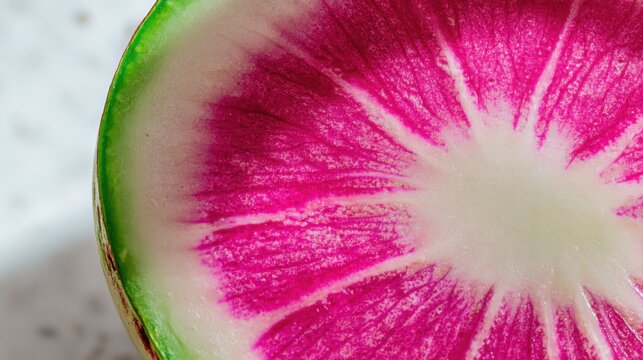 Macro of a freshly cut watermelon radish displaying vivid pink center fading into white and green edges, striking natural geometry, modern food