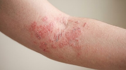 Fototapeta premium Close up view of an inner elbow showing a red skin eczema flare-up in a clinical medical setting