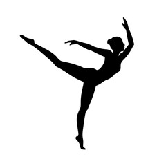 Silhouette ballerina on grey background in elegant pose with arms outstretched and one leg raised © tonniee