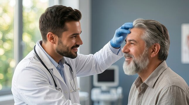 Doctor examining patients forehead in clinic