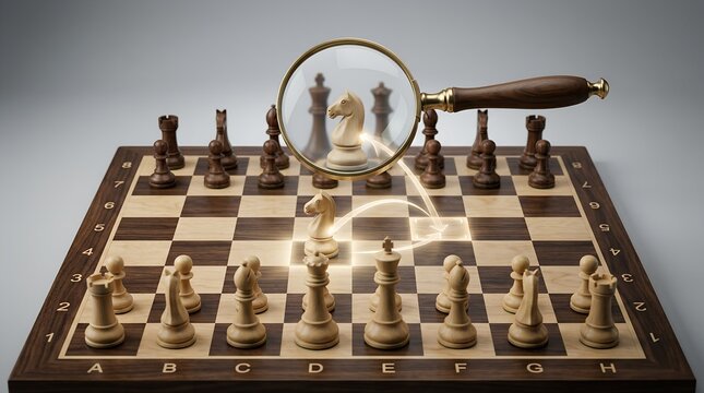 Magnifying glass highlighting a white knight on a chessboard, tactical analysis concept