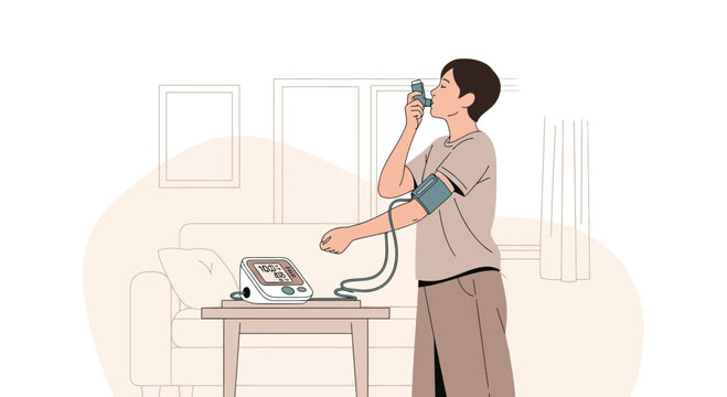 Person using inhaler and spirometer at home, medical checkup, health