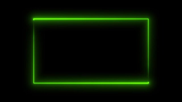 A glowing Green neon rectangle frame on a black background. Modern futuristic light border design suitable for video overlays, gaming intros, technology visuals, and digital motion graphics projects. 