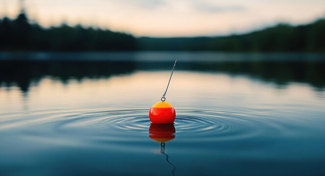 red fishing float bobber hanging on a line over calm lake water creating ripples with blurred treeline and soft sky, peaceful and contemplative mood