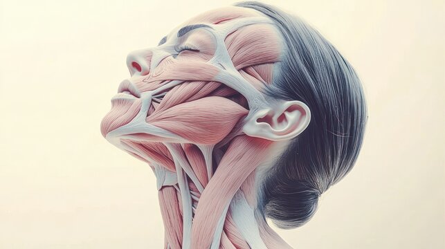 female head and neck with exposed facial and neck muscles, hair in bun, eyes closed in serene upward gaze, anatomical study on soft neutral background