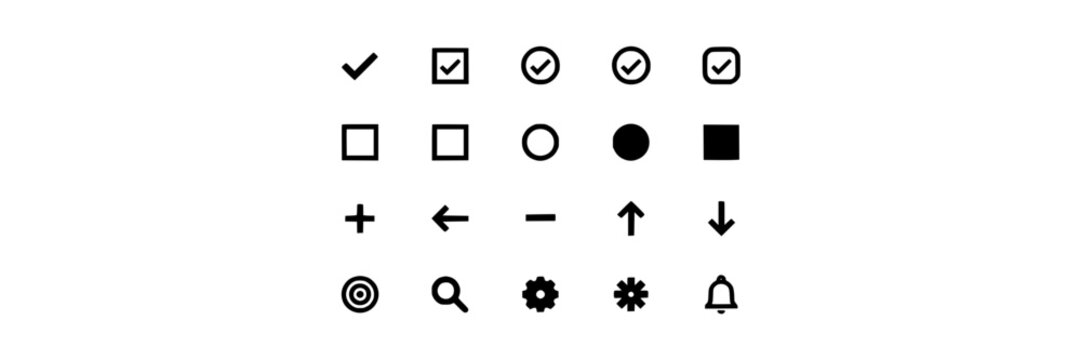 Symbols and Icons Arranged in a Grid Pattern Featuring Checkmark, Square, Circle with Arrow and Plus Elements for Minus, Search