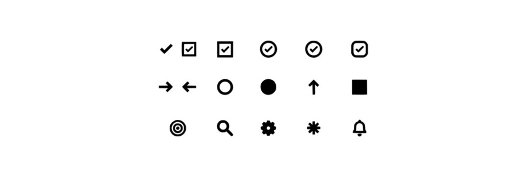 Symbols and Icons Arranged in a Grid Pattern Featuring Checkmark, Square, Circle with Arrow and Dot Elements for Block, Spiral