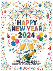 Obraz premium Festive new year celebration design with fireworks and champagne
