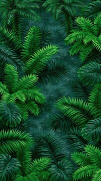 Vertical arrangement of dense mixed tropical leaves including palm fern and monstera in multiple shades of deep green creates beautiful lush natural jungle full background