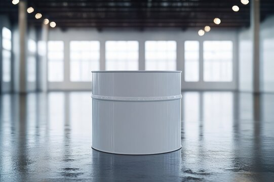single gray metal drum centered on reflective factory floor in an empty sunlit warehouse conveying quiet isolation and minimalist industrial calm