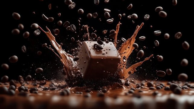 chocolate cube colliding with dark coffee, dramatic splash and flying coffee beans conveying energetic indulgence