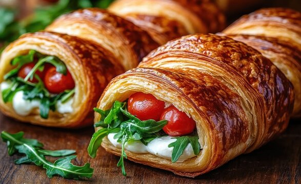 Golden flaky puff pastry rolls filled with creamy cheese, cherry tomatoes and peppery arugula &mdash; fresh, inviting savory bites