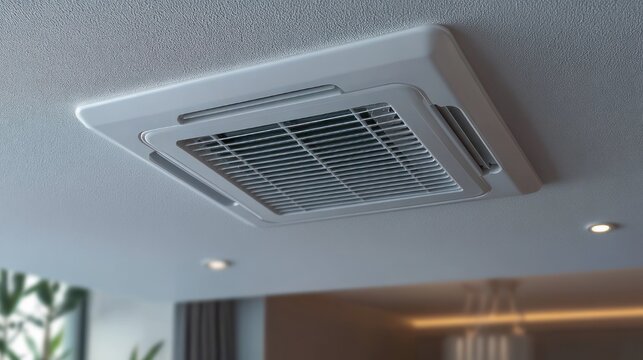 ceiling-mounted air conditioning cassette in a modern living room with recessed lights, curtains and indoor plant creating a calm, comfortable atmosphere