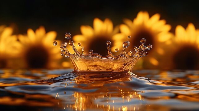 golden water crown splash in front of blurred sunflowers with warm glowing reflection, serene and joyful mood