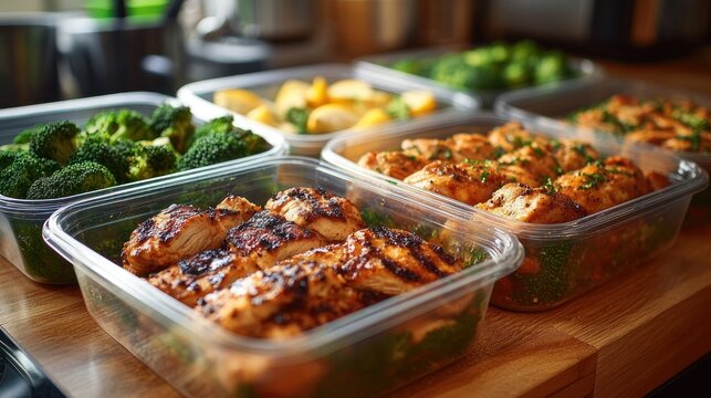 rows of clear meal-prep containers filled with grilled chicken breasts and steamed broccoli on a wooden counter, fresh, appetizing and organized for healthy weekly meals