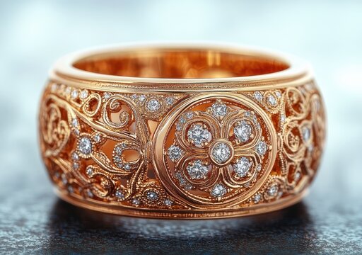 Ornate rose gold wide band ring with floral filigree, pav&eacute; diamonds and polished engravings, sparkling luxurious romantic close-up on soft bokeh background