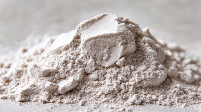 close-up of a soft pale pile of fine powder with crumbly clumps on a smooth neutral surface, minimal calm mood