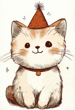 smiling cream and orange tabby kitten sitting with a collar bell and a polka dot party hat, hand-drawn sketch conveying playful joyful celebration