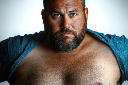 close-up of a blue shirt pulled open to reveal a bare muscular male chest with hair and stubble, face obscured and blurred conveying confidence and vulnerability