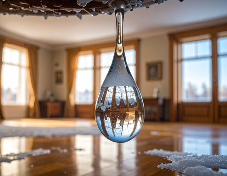 Water droplet reflecting a sunlit room with wooden floors and windows