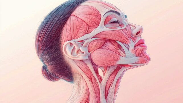 Profile of a woman with hair in a bun revealing exposed facial and neck muscles in a pastel anatomical illustration, serene contemplative expression