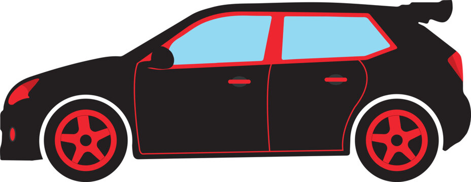 A black car with red accents and light blue windows on a white background is shown in profile view