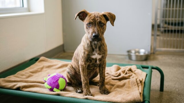 Adorable brindle puppy sits calmly on a green elevated pet bed inside an animal shelter environment, looking directly at the camera with hopeful eyes awaiting adoption into a loving forever home fast.