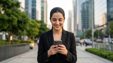 Fototapeta premium Professional woman using a smartphone in a modern city