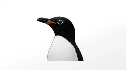 Fototapeta premium Minimalist portrait of a penguin head and neck on white background, calm and contemplative expression