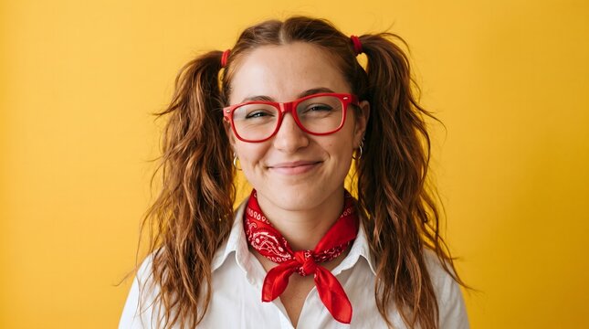 Smiling young woman with pigtails and red glasses on yellow background