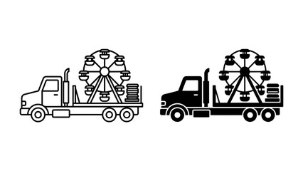 Ferris Wheel Transport: A flatbed truck carrying a Ferris wheel, depicted in both outline and solid black illustration, symbolizing amusement park setup or relocation.