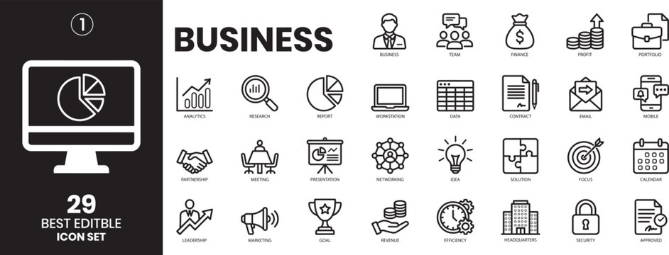 Vector of 29 Business and Financial Line Outline Icon Set. Editable business icon set 29 essential symbols for your brand