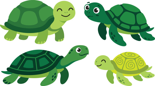 Cute cartoon green sea turtles collection vector set with smiling tortoise characters for marine wildlife designs