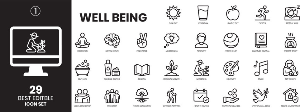 Wellbeing icon set 29 editable health wellness icons for digital design. social policy icon set flat style illustration.