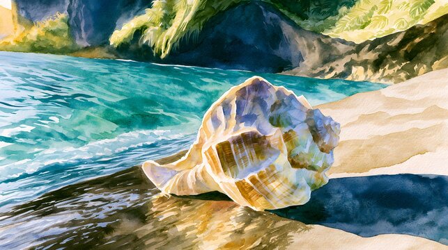 Tranquil tropical beachscape watercolor illustration golden hour sunlight serene coastal scene