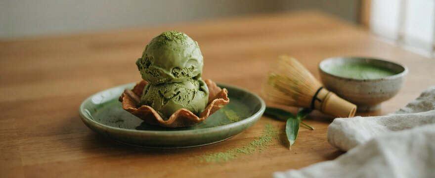Two scoops of vibrant green matcha ice cream in a crispy waffle bowl on a green ceramic plate, with matcha powder, whisk, and bowl in soft focus background.