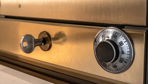 Safety deposit box lock close-up. Precision key inserted into a reinforced locker lock representing secure access, banking security, confidential storage, valuables protection, and trust.