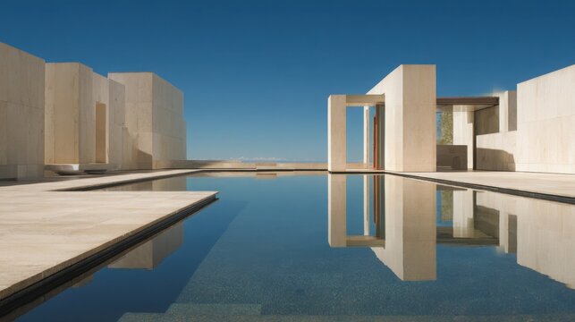 Radical minimalist architecture, perfectly square infinity pool with mirror still water reflecting a cloudless blue sky, smooth pale concrete