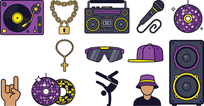 Retro hip hop and party elements vector set with record player boombox disco ball speaker and microphone