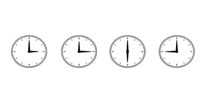 Four Analog Clocks in a Row Each Showing a Different Time with Black Hands and White Faces Featuring Clock, Watch, Hour