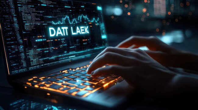 Close-up of hands typing on a laptop with glowing orange keyboard and neon blue code on screen reading data leak, tense nighttime cybersecurity scene