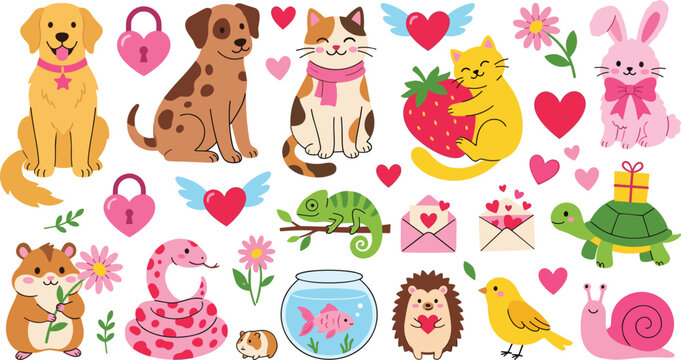 Cute cartoon pets and animals vector set with hearts flowers cats dogs for valentine design