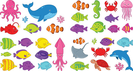 Cute cartoon sea animals collection with colorful tropical fish and ocean creatures vector illustration set © Shukimon